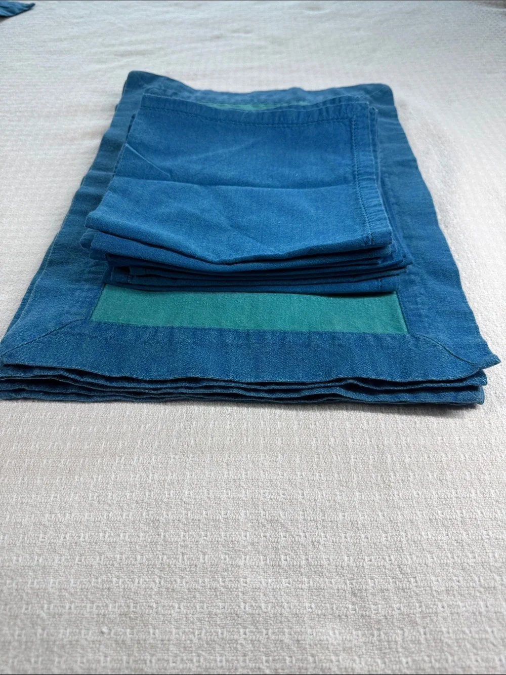 Blue and teal color block placemats with blue napkins 100% cotton made in India